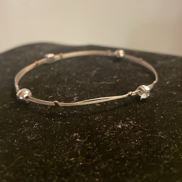 8” Minimalist silver tone stretch bracelet w/2 beads & 2 bezel set crystals - Picture 2 of 13